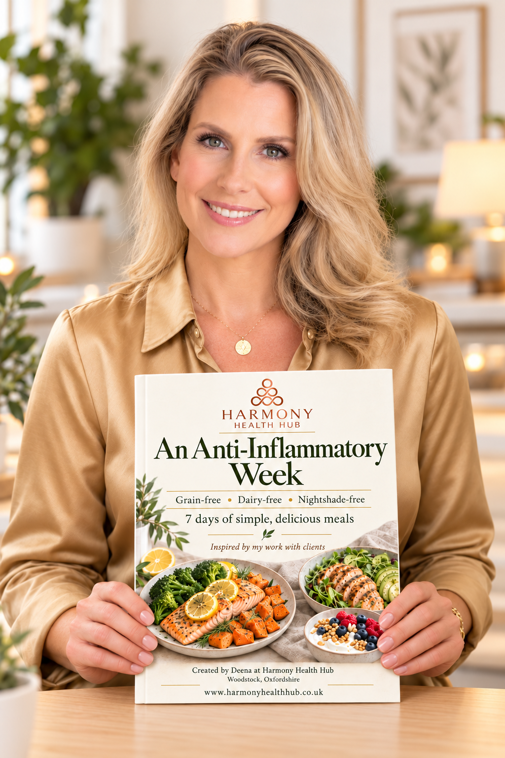 Deena holding the Harmony Health Hub recipe booklet